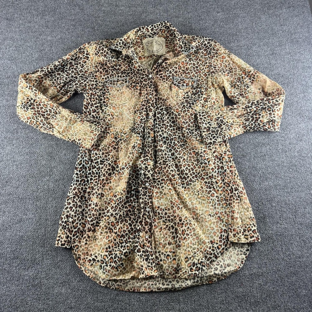 A Rare Bird Shirt Womens S Brown Leopard Print Long Sleeve Pearl Snap Boho Top
